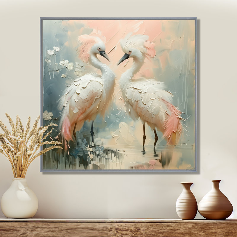 «White Pink Paradise Cove Swans - Bird», reproduction d'art murale, Toile argentée avec cadre flottant