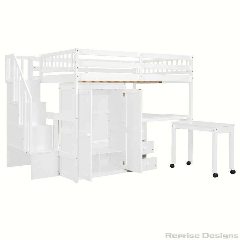 Bureau et garde-robe - Lit mezzanine multifonctionnel peu encombrant, Lit double, Blanc