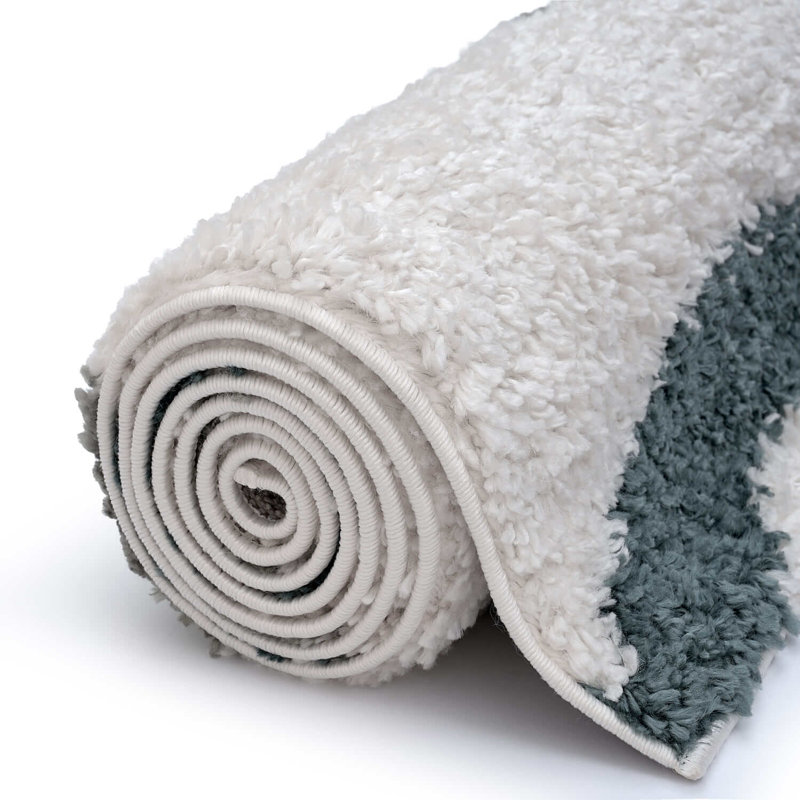 Moodi Modern Shaggy Area Rug Abstract Wavy Line Design, Rectangle 120 x 170 cm, Off-White/Green