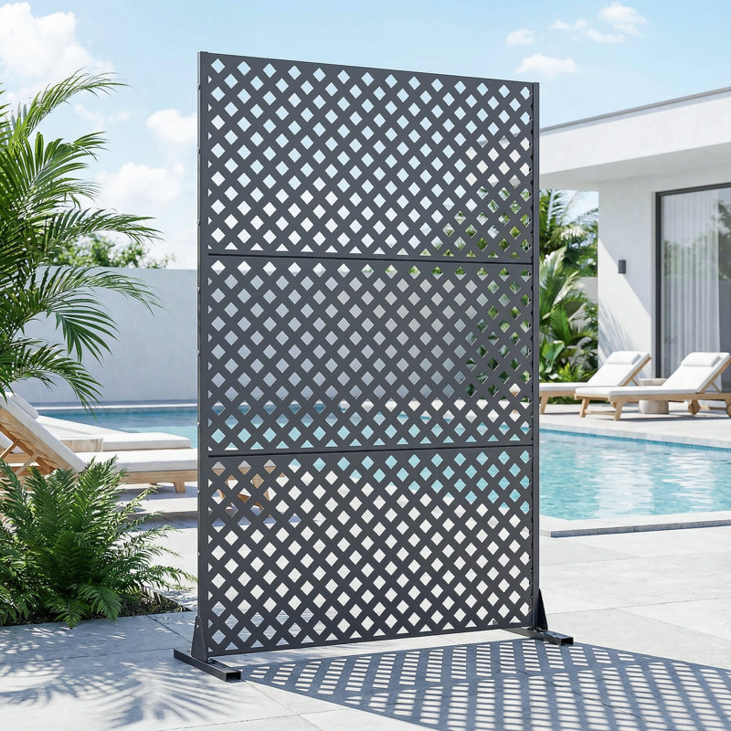 Panneau de clôture d'intimité en métal avec motif élégant, 72" H x 47" W x 16" D, Gris Pierre, 1