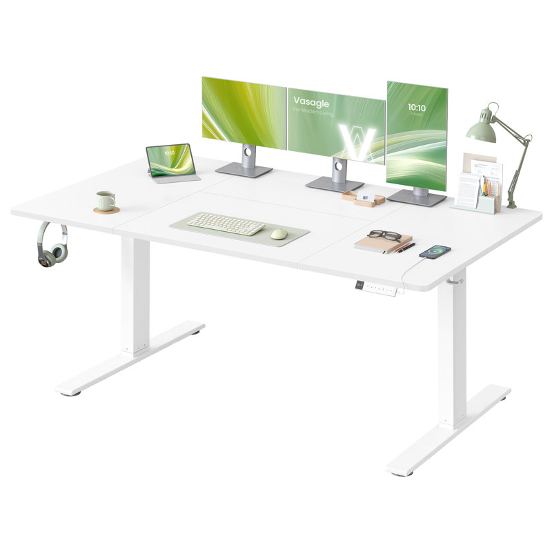 Adjustable Metal Base Standing Desk with Power Outlet, White/White, 160cm W x 80cm D