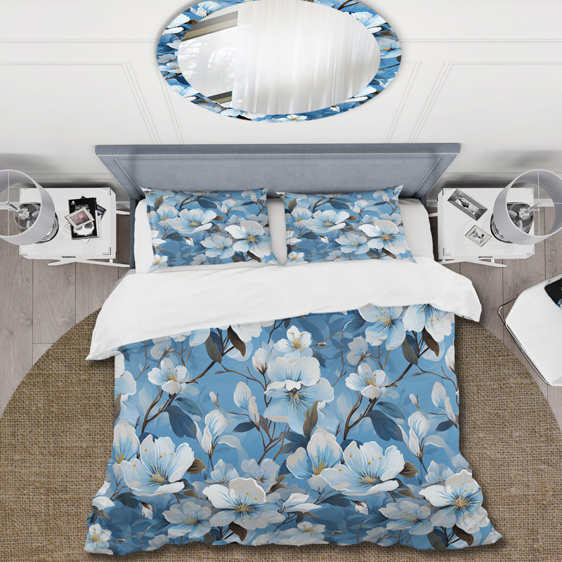 Motif floral blanc et bleu - Ensemble de housse de couette floral - Polyester en microfibre
