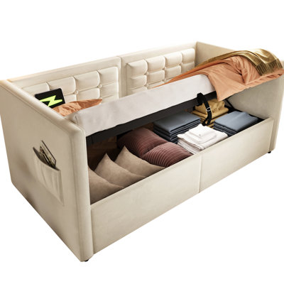 Twin Bed Frame With & Type - C Charging, Beige Velvet Upholstered Daybed, Hydraulic Storage, Wooden Slats, And Back For A Comfort Driven Bedroom Design Relaxing