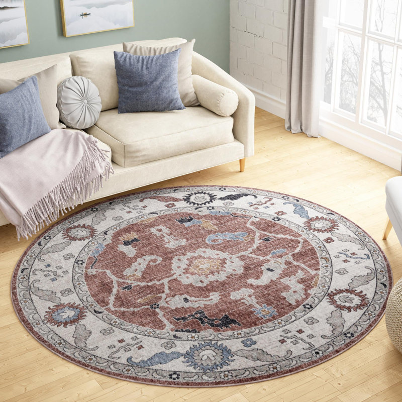 Tapis traditionnel gris foncé beige, Rond 7 pi