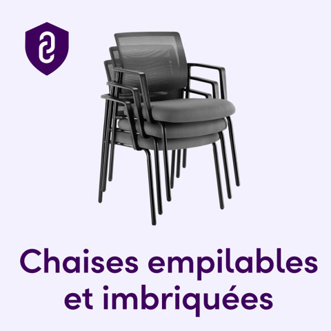 Trois chaises de bureau à dossier en filet noir empilées les unes sur les autres avec le texte Chaises empilables et imbriquées.