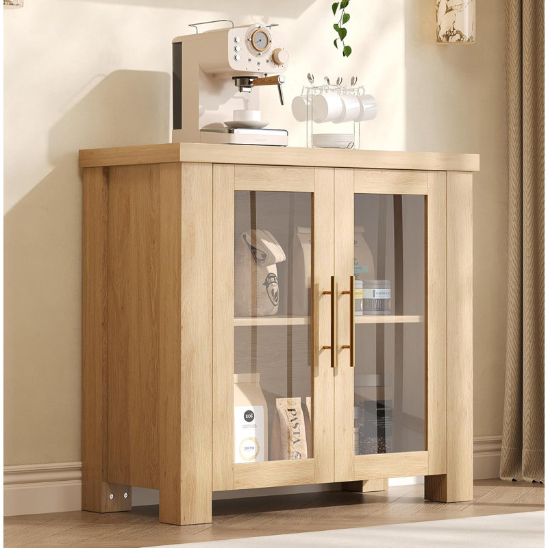 Buffet Cabinet, Wood Construction with Tempered Glass Doors, 31.5" Sideboard Credenza, Storage Cabinet for Living Room, Dining Room, Kitchen, Natural Wood