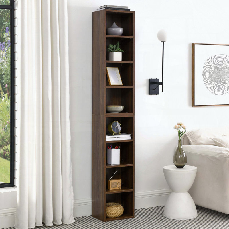 8-Tier Media Tower Rack with Adjustable Shelves, Slim CD/DVD Storage Cabinet for Home Office, Walnut