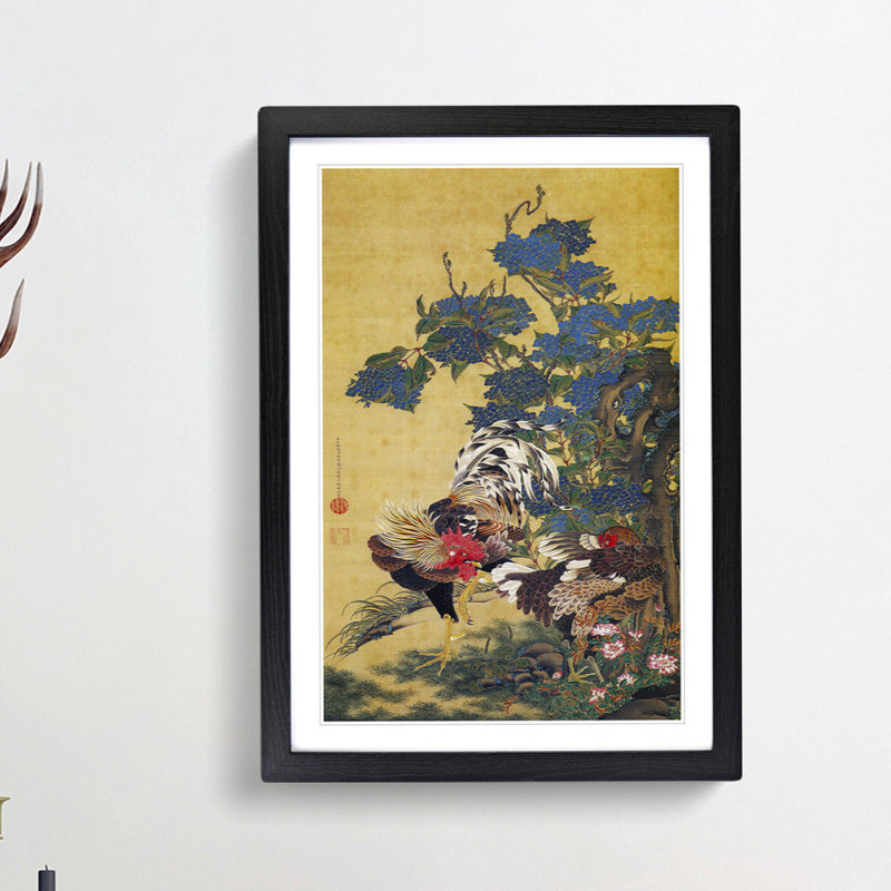 Two Roosters by Ito Jakuchu - Picture Frame Painting Print, Black Framed, 36cm H x 27cm W x 2cm D