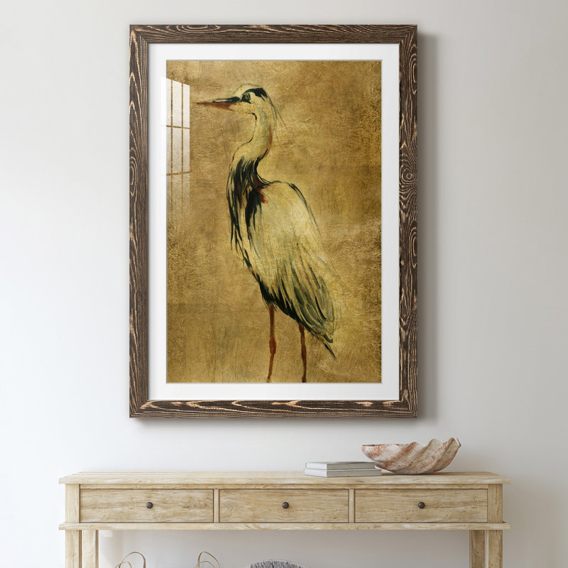 Gold Crane at Dusk II - impression, H 20 po x l 17 po x P 1,5 po, Papier, cadre noyer