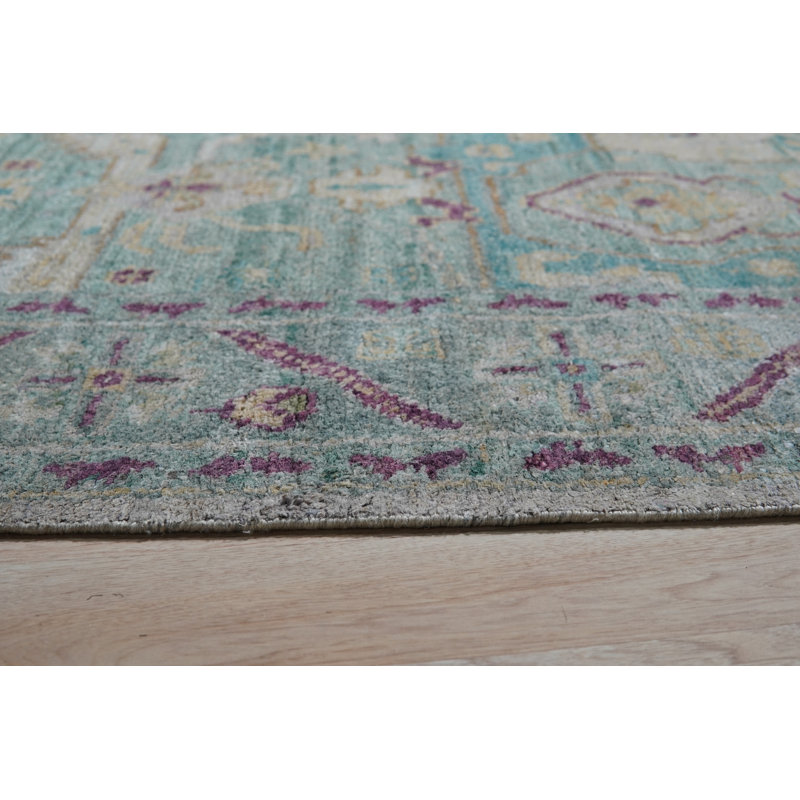 Tapis en soie naturel noué à la main BL.GN / vert canard, Rectangle de 10 pi x 14 pi