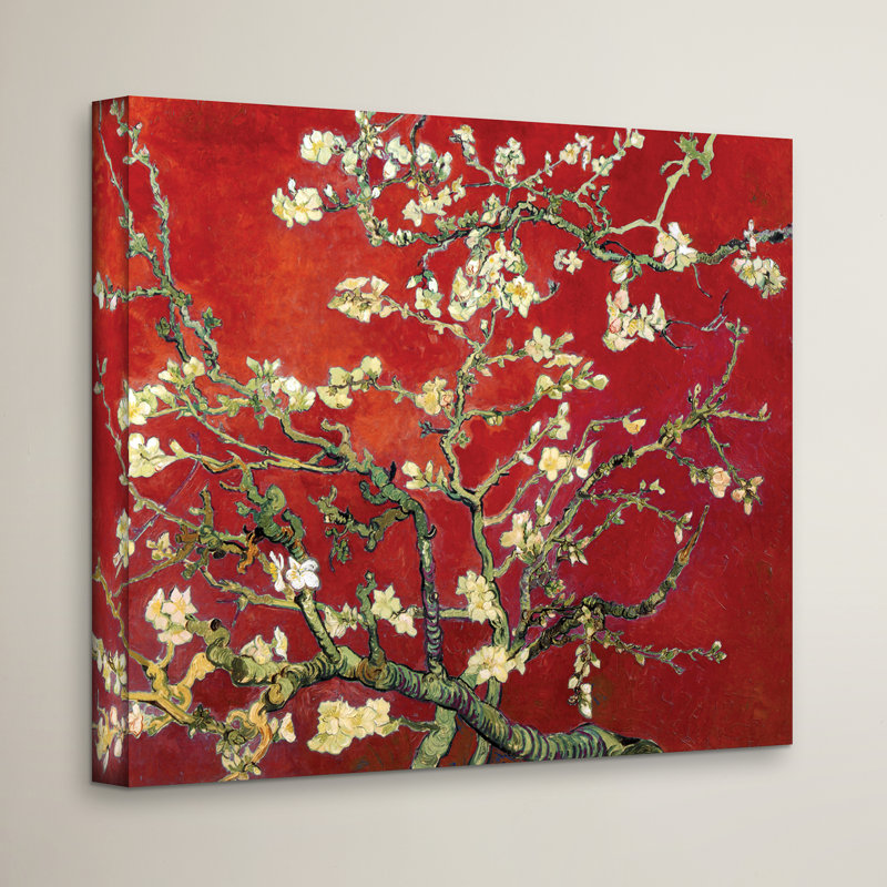 'Red Blossoming Almond Tree' by Vincent van Gogh, Red Botanical Tree Fine Art Gallery Canvas Print, 24" H x 32" W