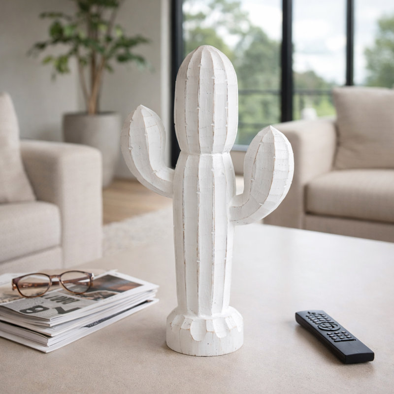 Decorative Wooden Cactus Sculpture Figurine for Home Decor - Modern Southwestern Object Accent for Table, or Living Room Decoration - White