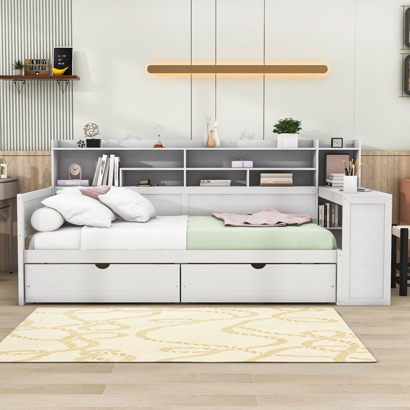 Alameda Wooden Daybed with Storage Shelves, 2 Drawers,Built-in Study Desk, Twin, Antique White