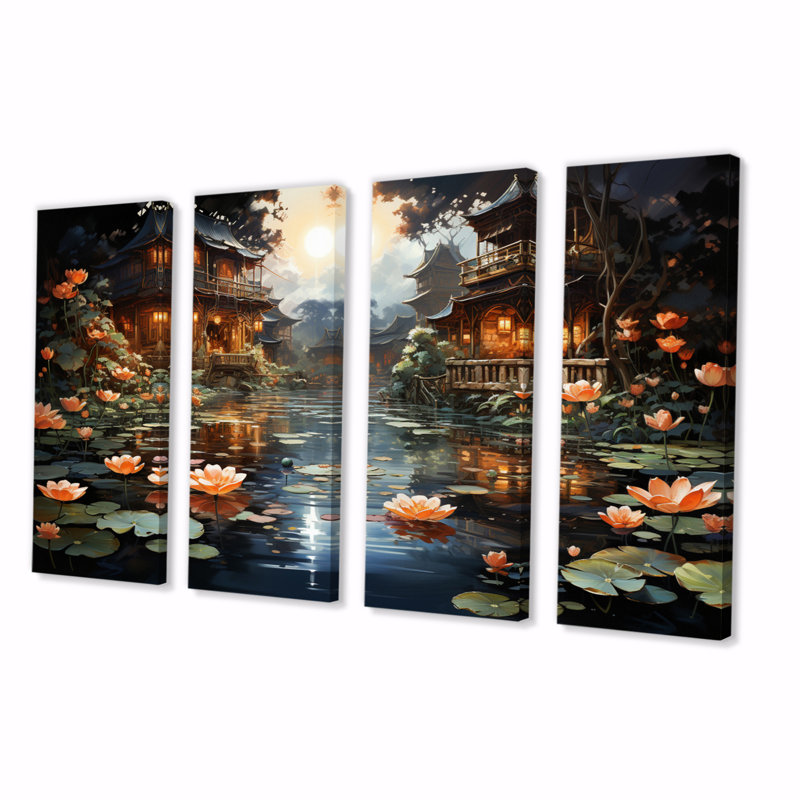 China China Lotus Lantern II - Art mural chinois, salon - 4 panneaux