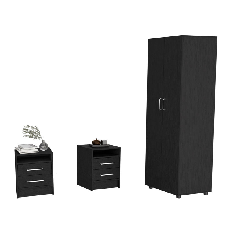 3 Piece Bedroom Set, Armoire + 2 Nightstands, Black