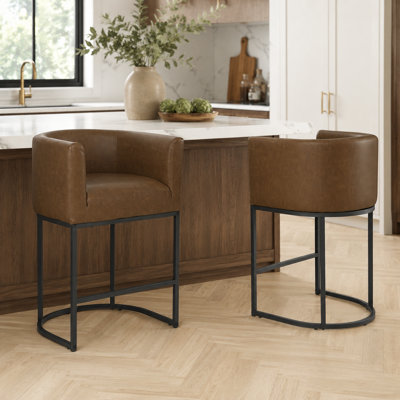 26" Faux Leather Barrel Counter Stool with Back and Arms