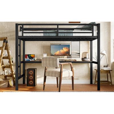 Metal Twin Loft Bed With Built-In Desk, Power Outlet, USB Ports, And LED Lighting