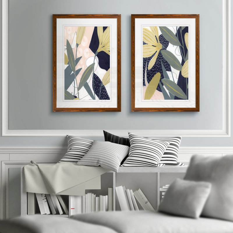 Flores Noche IV - Ensemble de 2 peintures sur toile encadrées, H 20 po x l 32 po x P 1,25 po, Papier avec cadre érable, Blanc