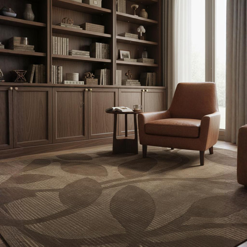 Fye Authentic Hand-Tufted Handmade Brown, Beige, Taupe & Ivory Modern Botanical Leaf Silhouette Wool & Artificial Silk Area Rug