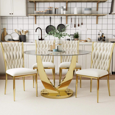 47.2" Round Glass Dining Table Set For 4 People, Tempered Glass Kitchen&Table Set With 4 Velvet Chair, Space Saving