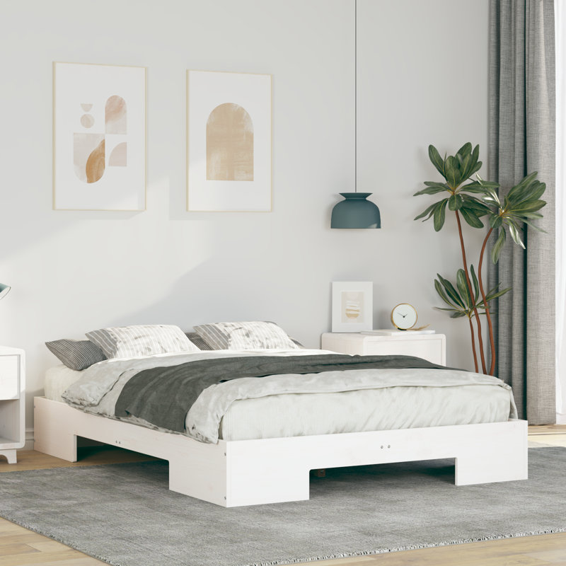 Floor Bed Frame With Storage Solid Pine Wood, Double (4'6), White