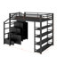 Lit mezzanine double en métal avec tablettes de rangement, garde-robe et armoires