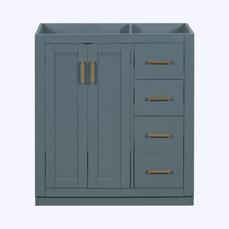 Ensemble de meuble-lavabo autoportant avec 3 tiroirs et portes à fermeture douce, Bleu, Doré