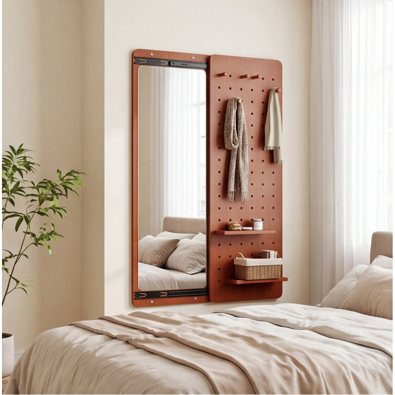 Miroir mural 47,6 "x 15,5" en cerisier pleine longueur avec panneaux coulissants, tablette et crochets