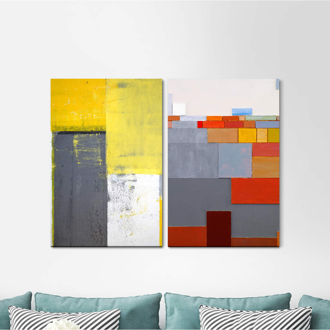 2-tlg. Leinwandbilder-Set - Grafikdruck „Abstract Colour Geometric Pastel Yellow Modern Wall”