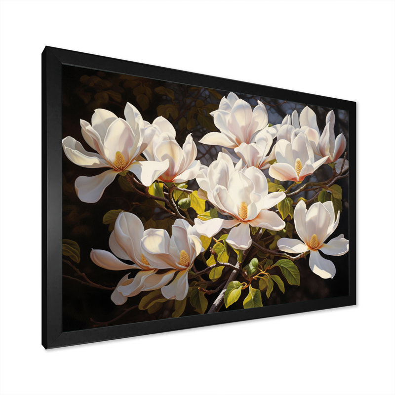 Blanc, jaune, magnolia et magnolia - art mural Magnolias, Cadre simple noir, H 34 po x l 44 po x P 1,5 po