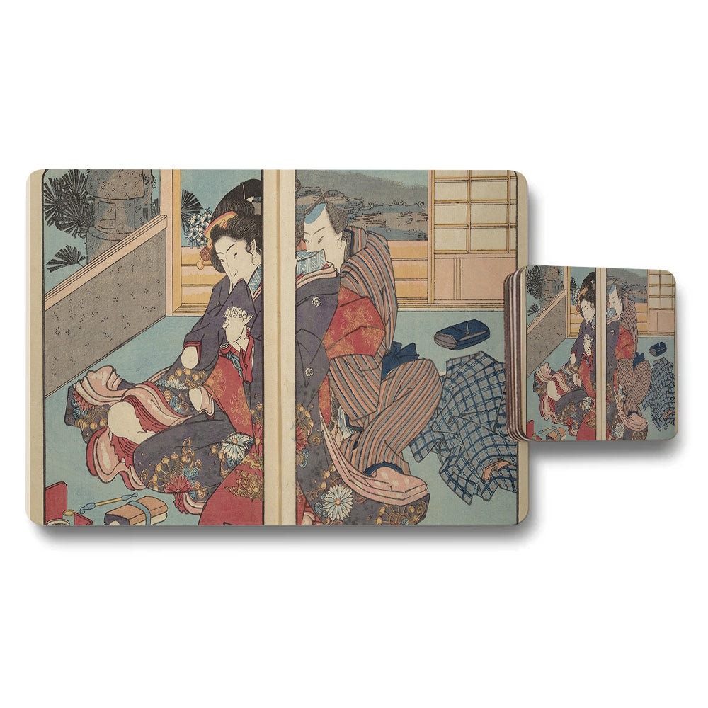 Ukiyoe Style Placemats And Coaster Set With Traditional Japanese Artwork