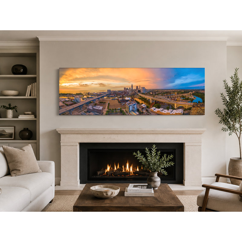 «Cleveland Skyline Sunset Pano», art mural sur toile panoramique, L 36 po x H 12 po