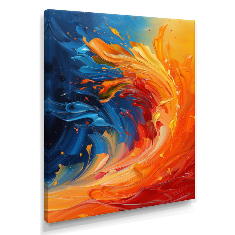 «Orange Blue Wonderful Abstract Waves I», impression d'art mural vagues côtières, Toile tendue, H 32 po x l 16 po x P 1 po