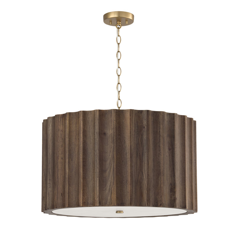 25.75" W x 15.75" H 4-Light Reversed-Flute Handcrafted Mango Wood Pendant in Nordic Wood with Matte Brass and White Glass Diffuser