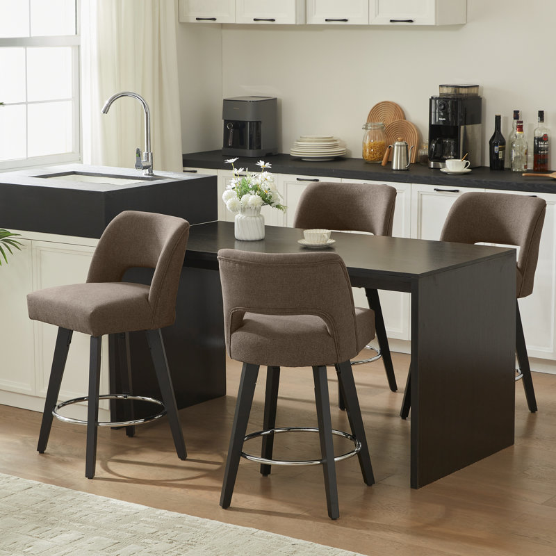 26.4" Swivel Bar Stools Set of 4, Black Solid Wood Legs & Metal Ring Footrest, 4, Silver Footrest - Dark Gray