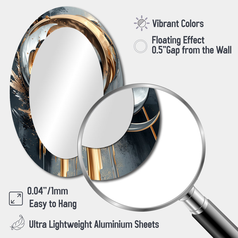 Black And Gold Moon Lines I - Abstract Oval Decorative Mirror On Metal, 36" x 24"
