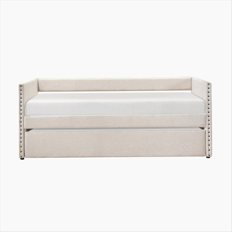 Modern Daybed Pull-out Trundle Side Pockets Beige Upholstery Nailhead Trim Bedroom Living Room Furniture 1pc, Beige