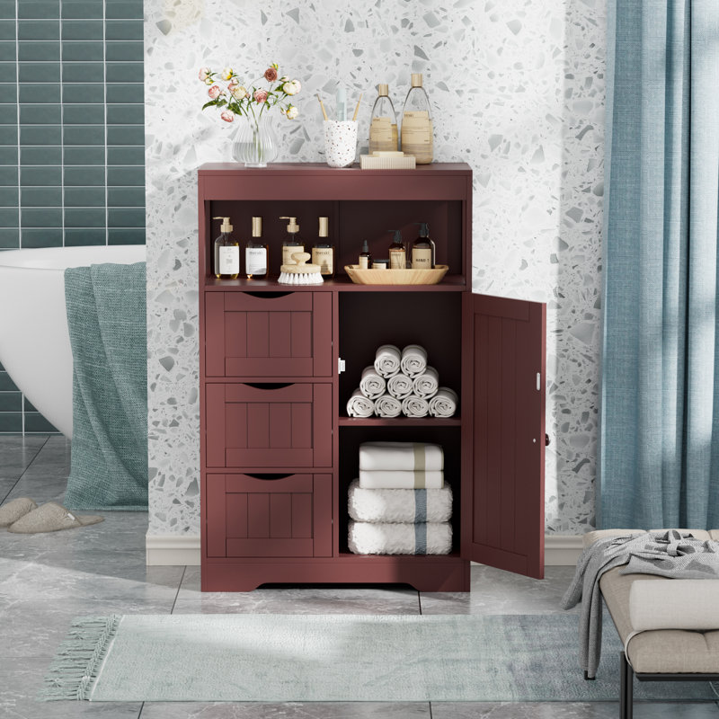 Bathroom Floor Cabinet, Wooden Free-Standing Storage Organizer with 1 Door and 3 Drawers, Bathroom Storage Cabinet for Living Room/Kitchen/Hallway/Home Office