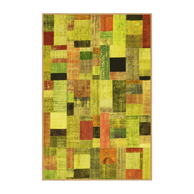 Tapis géométrique en laine / polyester tissé à la machine en jaune / orange / vert, Rectangle 5 pi x 8 pi