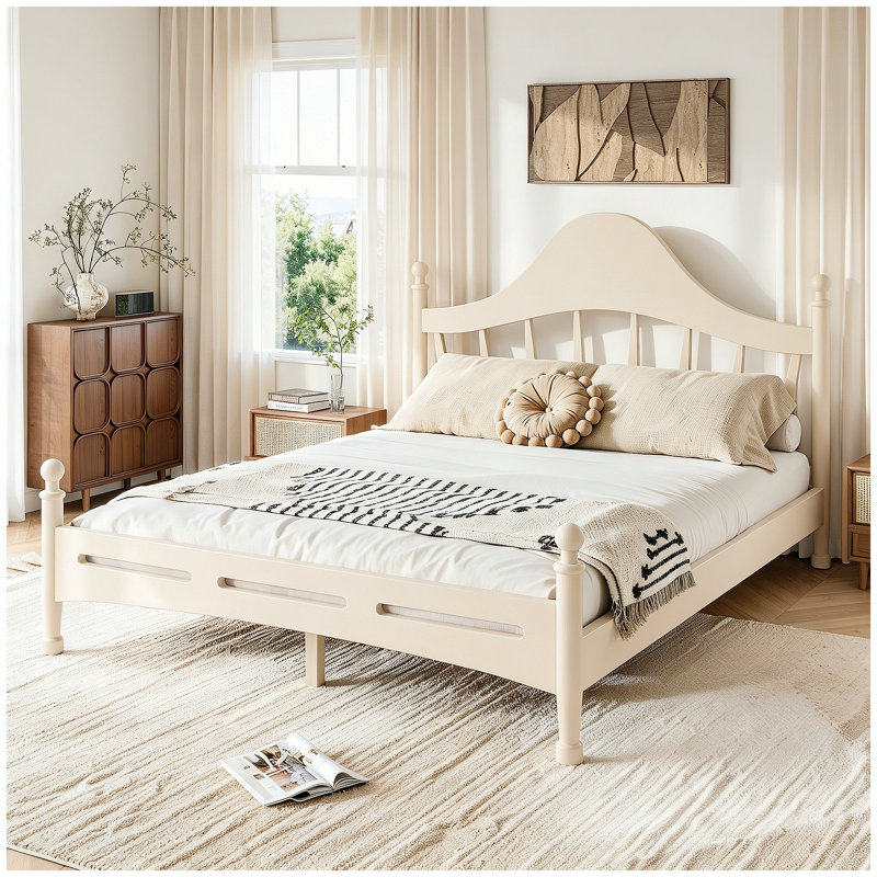 Grand lit plateforme avec tête de lit chic, structure de lit en bois massif avec support à lattes, pas de sommier tapissier et conception basse à terre, beige