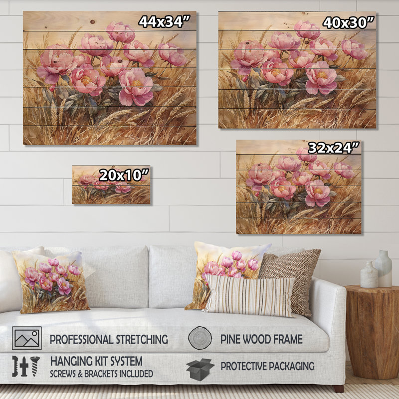 Pivoines dans le champ de blé II - Art mural en bois pivoines - sur bois de pin naturel, H 34 po x l 44 po