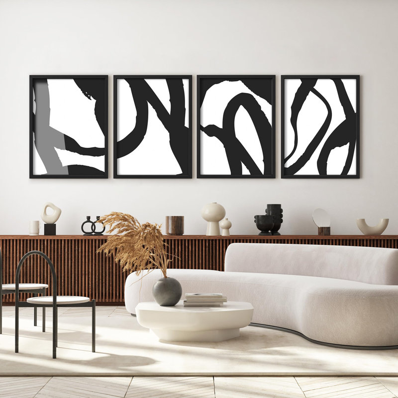 "Art moderne noir et blanc à coups de pinceau" - 4 pièces, Or, H 14 po x l 11 po