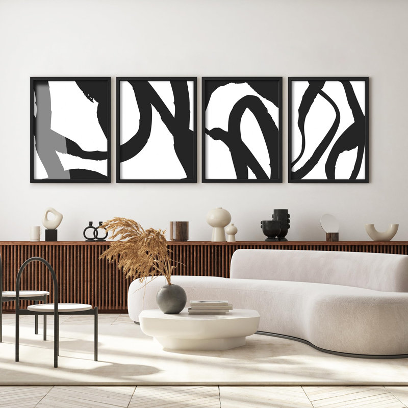 "Art moderne noir et blanc à coups de pinceau" - 4 pièces, Blanc, H 16 po x l 12 po