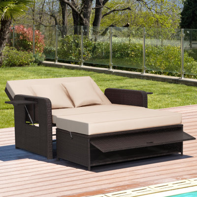 Boden 65" W Wicker Patio Daybed with Ottoman and Side Trays