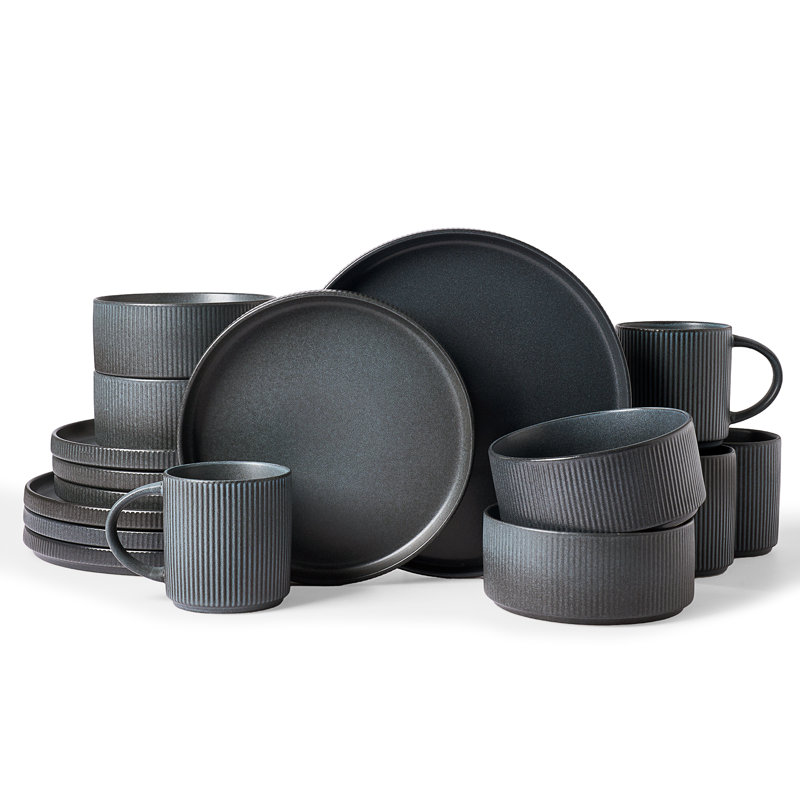 Ensemble de vaisselle 16 pièces en grès avec tasses, assiettes et bols résistants aux ébréchures et aux rayures, service pour 4