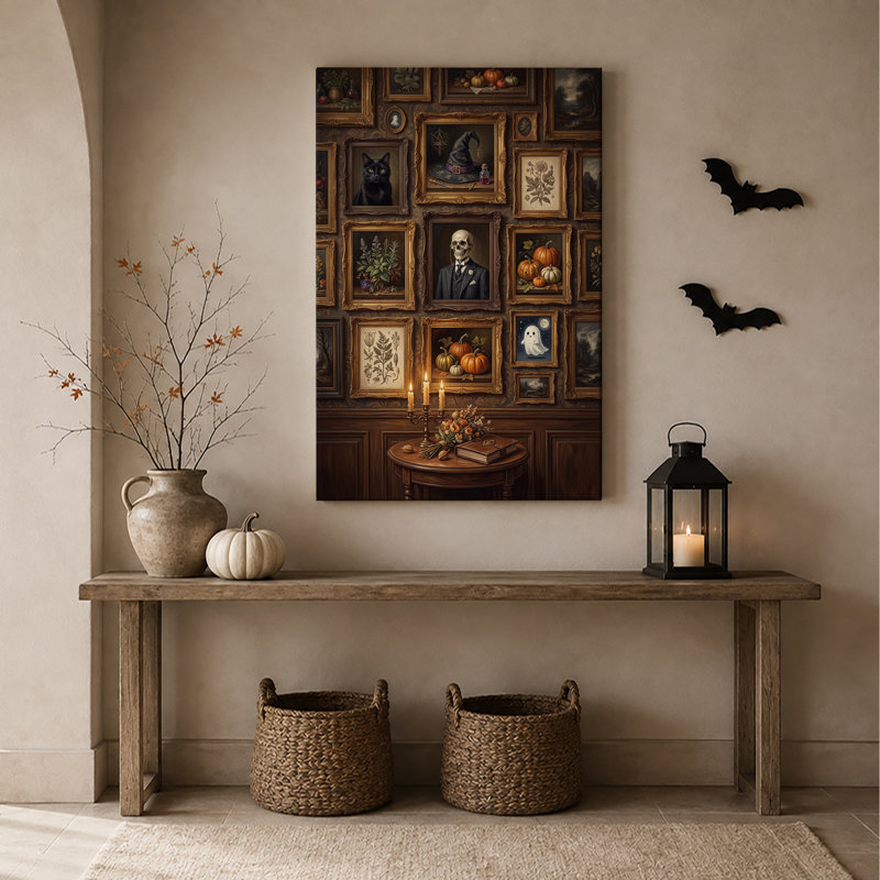 "Gallery", art mural sur toile, chapeau de sorcière et portrait de squelette, 36"H x 24"W