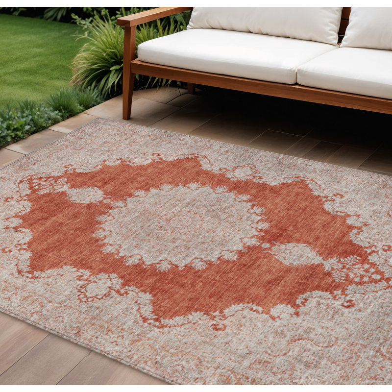 Tapis intérieur / extérieur oriental lavable 9 pi x 12 pi rouille et beige