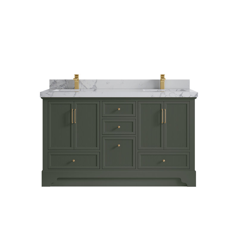Meuble-lavabo double autoportant de 60 po avec plateau en quartz Alys (option poignées)