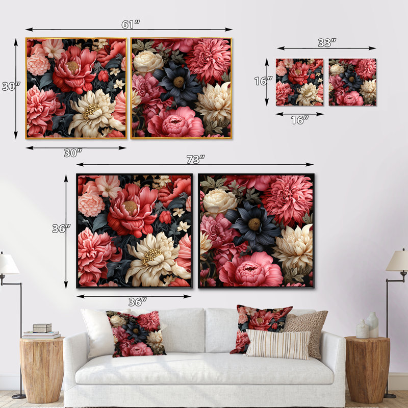 Ensemble de 2 ensembles de collage à motif floral carré Manitoba, Cadre flottant noir, H 16 po x l 33 po