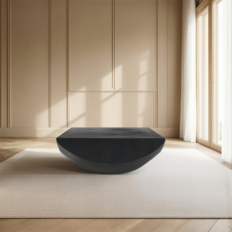 Joanie Coffee Table | 36" Square Top | Handcrafted Matte Black Mango Wood | Rounded Drum Base